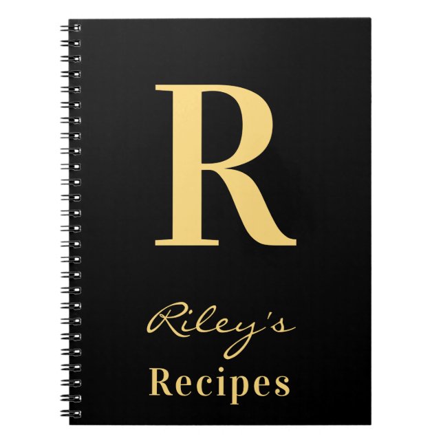 Modern Minimal monogram Namn Black Guld Recept Anteckningsbok (Framsidan)
