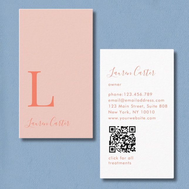 Modern minimal monogram  Orange QR-kod Visitkort (Modern Minimal Monogram Blush Orange QR Code Business Card)