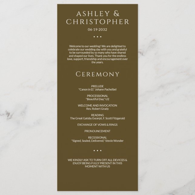 Modern minimal Mörk Bronze Bröllop Ceremony Program (Framsida)