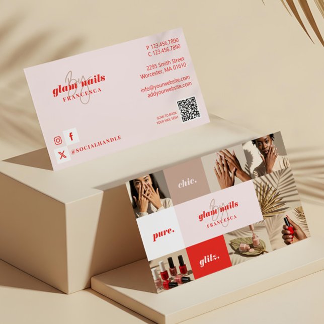 Modern Minimal Nail Salon Affärs Foto Collage Visitkort (Modern Minimal Nail Salon Business Photo Collage Business Card)
