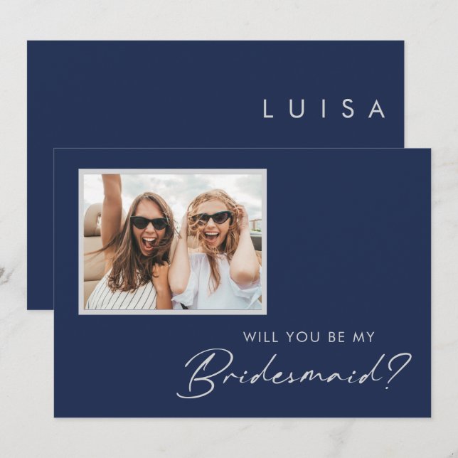 Modern Minimal Navy Blue Silver Photo Bridesmaid Inbjudningar (Fram/baksida)