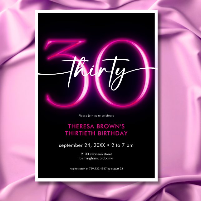 Modern minimal nyans Rosa Trettio skript födelseda Inbjudningar (Modern Minimal Neon Pink Thirty Script Birthday Invitation)