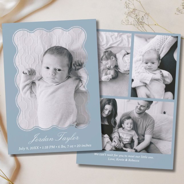 Modern minimal nyfödd Baby-födelse av blått damm Meddelande (Modern Minimal Dusty Blue Newborn Baby Birth Announcement)