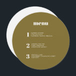 Modern minimal Oliv grönt cirkel i Bröllop Meny<br><div class="desc">Den här menydesignen i contemporary bröllop har kurser i din bröllop-måltid i enkelt typsnitt och en elegant och ren design. Det här oliv grönt cirkel-menykortet är definitivt utmärkande för folkmassan. Modern typografi för ett modernt bröllop. Alla inslag är anpassade - text, bakgrund och färg. Redigera namn och data på baksidan...</div>