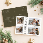 Modern minimal Oliv grönt fyra fotomörjul Helg Vykort<br><div class="desc">Fira julhelgen med detta moderna minimalistiska oliv grönt vykort med fyra fotokollage. Med elegant typografi och en snyggt oliv grönt bakgrund är detta kort perfekt för familjer som vill sina speciella ögonblick med varm och elegant beröring. Lodrät "Jul"-meddelande lägger till en unik design inslag, skapar det här vykortet ett sofistikerat...</div>