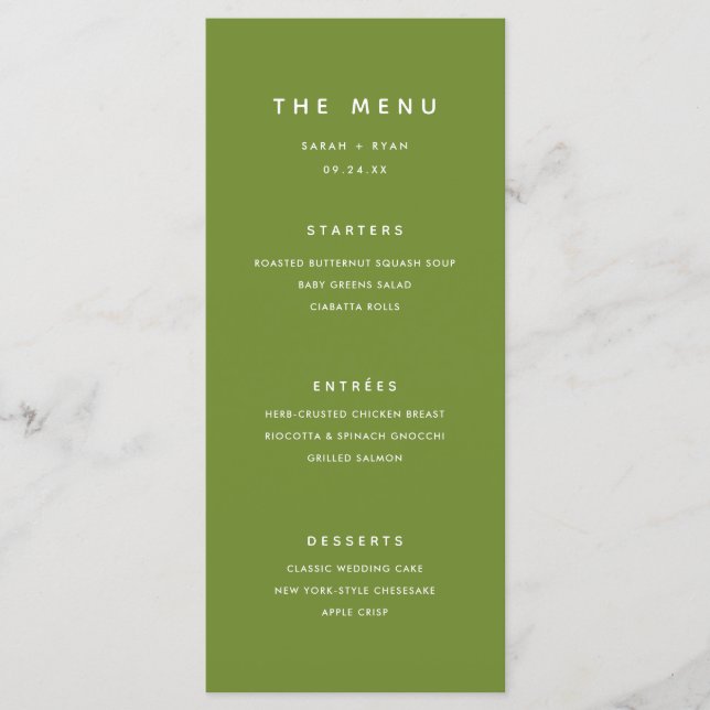 Modern Minimal Olive Green Custom Wedding Meny (Framsida)