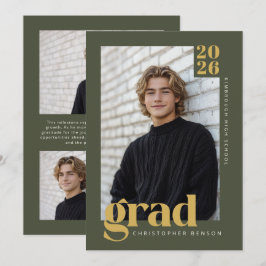 Modern Minimal Olive Green Gold Photo Graduation Inbjudningar