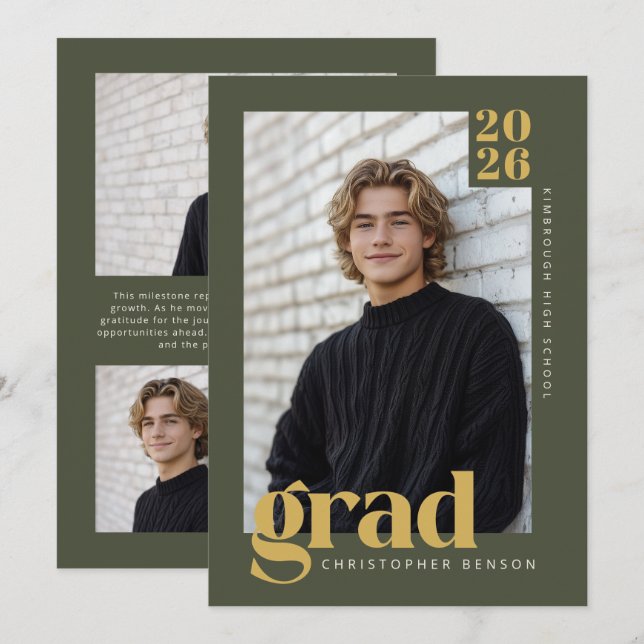 Modern Minimal Olive Green Gold Photo Graduation Inbjudningar (Fram/baksida)