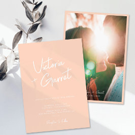 Modern Minimal Peach Script Photo Bröllop Inbjudningar