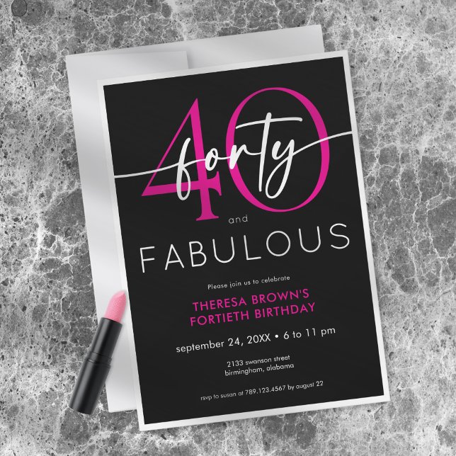 Modern Minimal Pink Forty Fabulous Script Birthday Inbjudningar (Modern Minimal Pink Forty Fabulous Script Birthday Invitation)