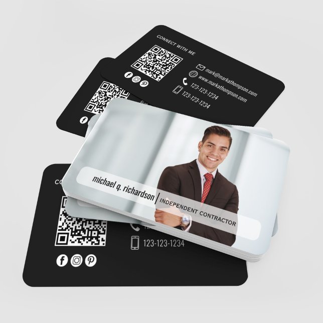 Modern Minimal QR Code Photo Profile Card Visitkort (Modern black QR code photo cards scattered with clean minimal contact design)