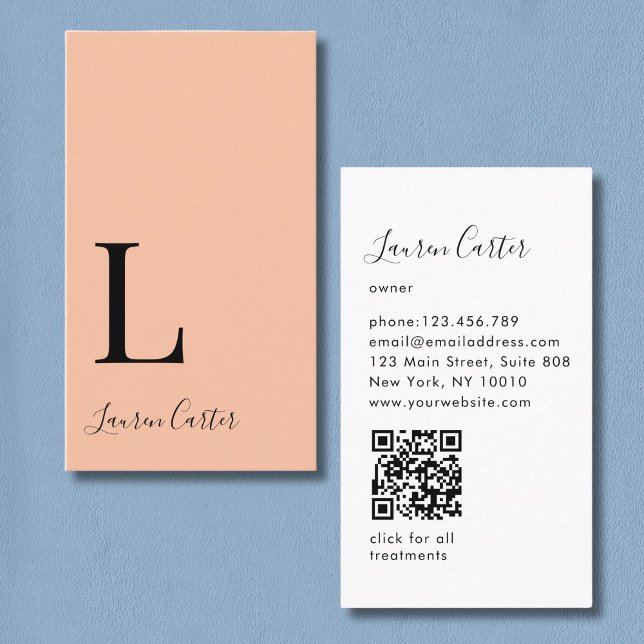 Modern Minimal QR-kod för monogram Peach Visitkort (Modern Minimal Monogram Peach QR Code Business Card)