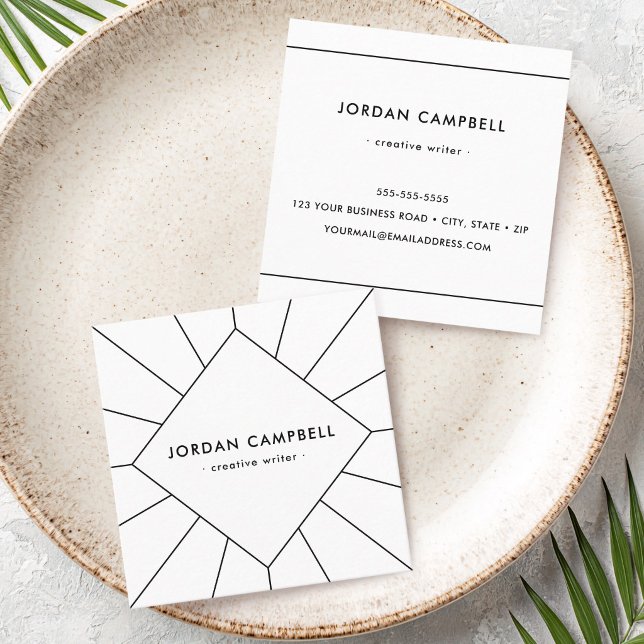 Modern minimal radial geometrisk svart och vit fyrkantigt visitkort (Modern minimal radial geometric black and white square business card)