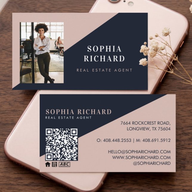 Modern Minimal Real Estate Agent Photo QR Code Visitkort (Modern Minimal Real Estate Agent Photo QR Code Business Card)