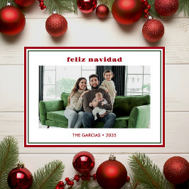 Modern Minimal Red Border Photo Feliz Navidad Julkort