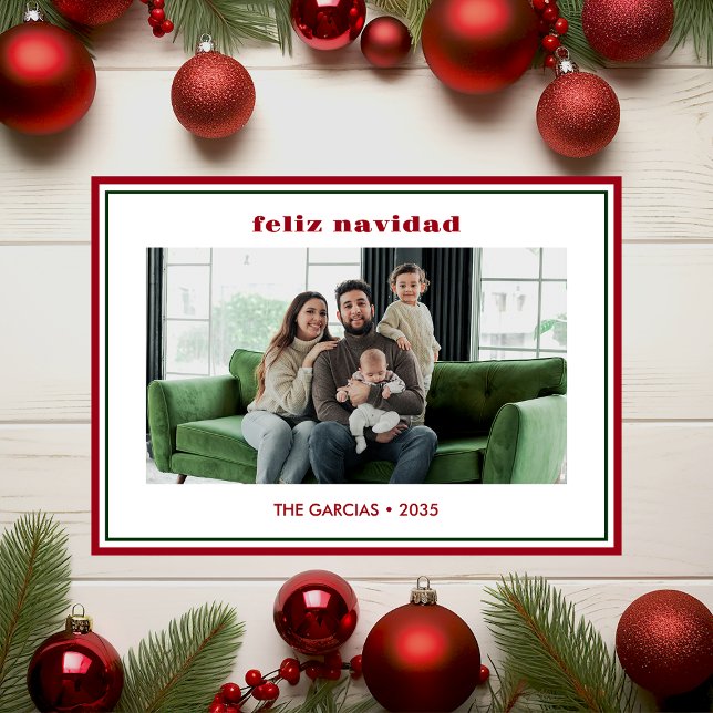 Modern Minimal Red Border Photo Feliz Navidad Julkort (Skapare uppladdad)