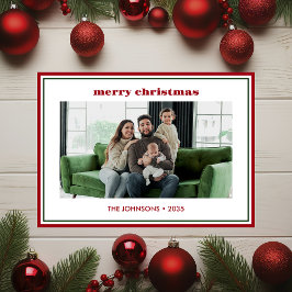Modern Minimal Red Border Photo Holiday Card Julkort