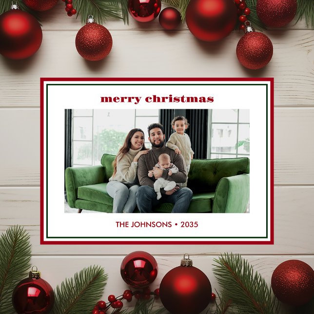 Modern Minimal Red Border Photo Holiday Card Julkort (Skapare uppladdad)
