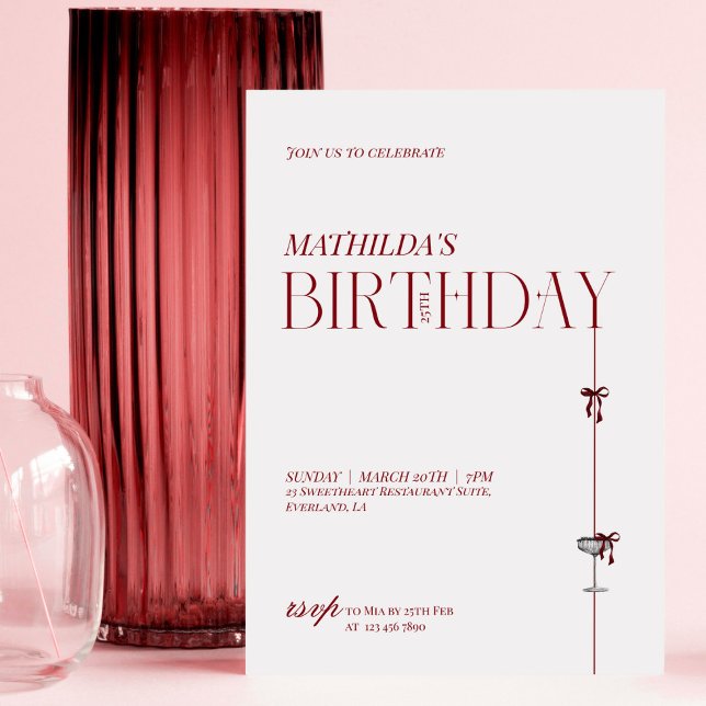 Modern Minimal Red Burgundy Bow Birthday Inbjudningar (Skapare uppladdad)