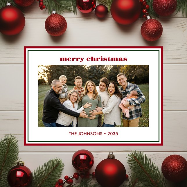 Modern Minimal Red Gräns-fotokort för Helgdag Julkort (Skapare uppladdad)