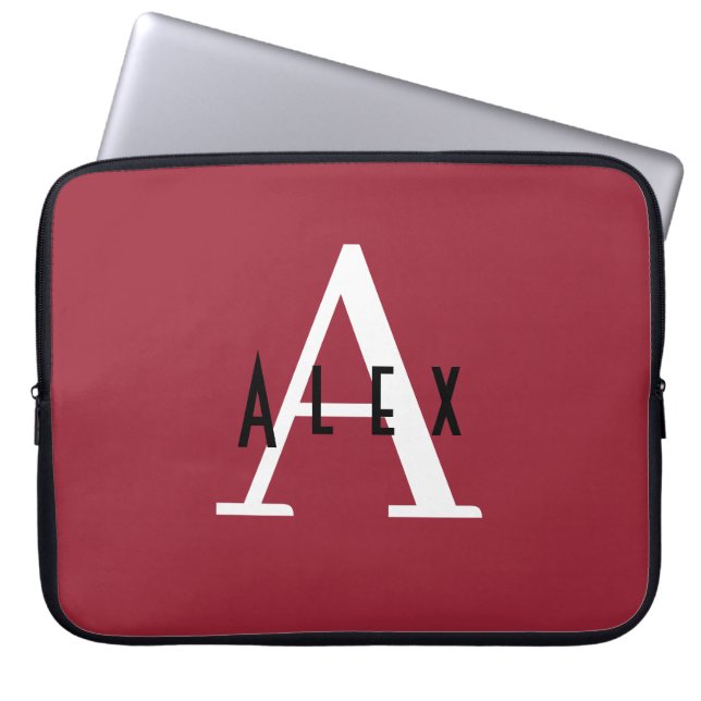 Modern Minimal Red Initial + Namn Monogram Laptop Fodral (Framsidan)