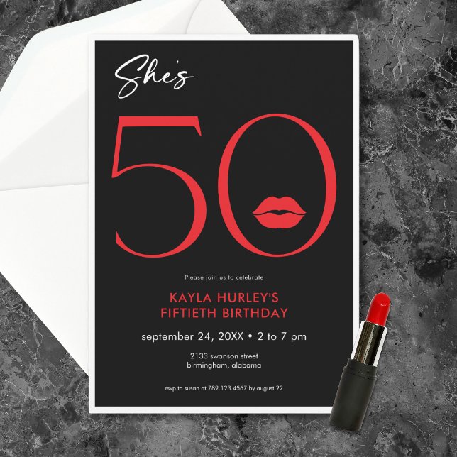 Modern Minimal Red Läppar är 50-årsjubileum Inbjudningar (Modern Minimal Red Lips She's Fifty Birthday Invitation)