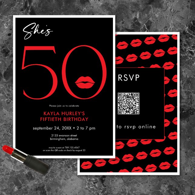 Modern Minimal Red Läppar är 50-dagars QR Inbjudningar (Modern Minimal Red Lips She's Fifty Birthday QR Invitation)