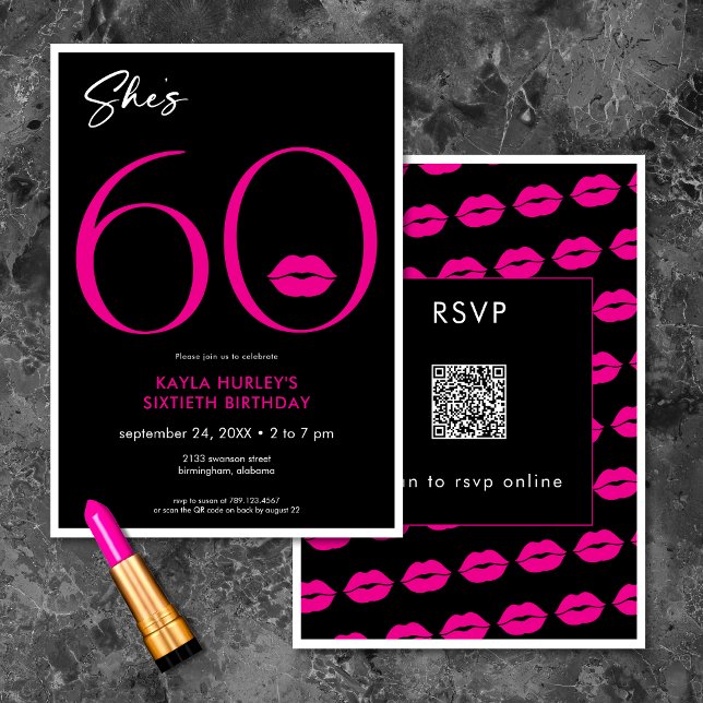 Modern Minimal Red Läppar Hon är sextiotålig födel Inbjudningar (Modern Minimal Pink Lips She's Sixty Birthday QR Invitation)