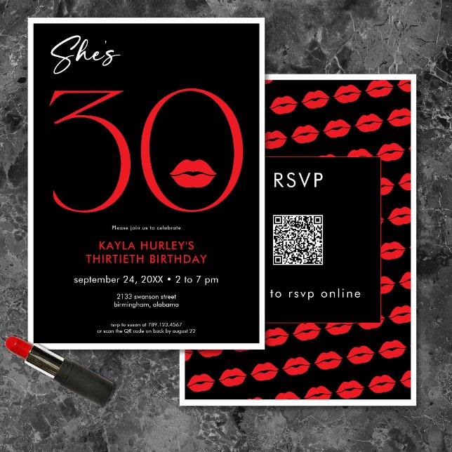 Modern Minimal Red Läppar Hon är trettio dagar gam Inbjudningar (Modern Minimal Red Lips She's Thirty Birthday QR Invitation)