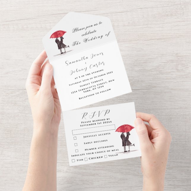 Modern Minimal Red Parbrella Couple Rustic Bröllop (Tearaway)