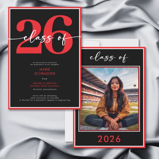 Modern Minimal Röd Examensannonsering Inbjudningar (Modern Minimal Red Script Graduation Announcement)