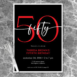 Modern Minimal Röd Femtio Script Födelsedag Inbjudningar