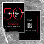 Modern Minimal Röd Femtio Skrift Birthday QR Inbjudningar<br><div class="desc">Modernt och chic,  denna födelsedagsinbjudan kombinerar klassiskt svart och vitt med inslag av ljust rött. Den minimalistiska designen är enkel och rolig för att fira födelsedagsjubileet. Baksidan har ett område för QR-kod för RSVP-svar. Skapad av Simply Farmhouse Press.</div>