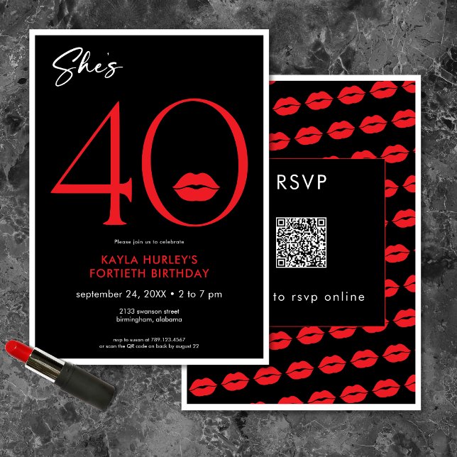 Modern Minimal Röda Läppar Hon är Fyrtio Födelseda Inbjudningar (Modern Minimal Red Lips She's Forty Birthday QR Invitation)