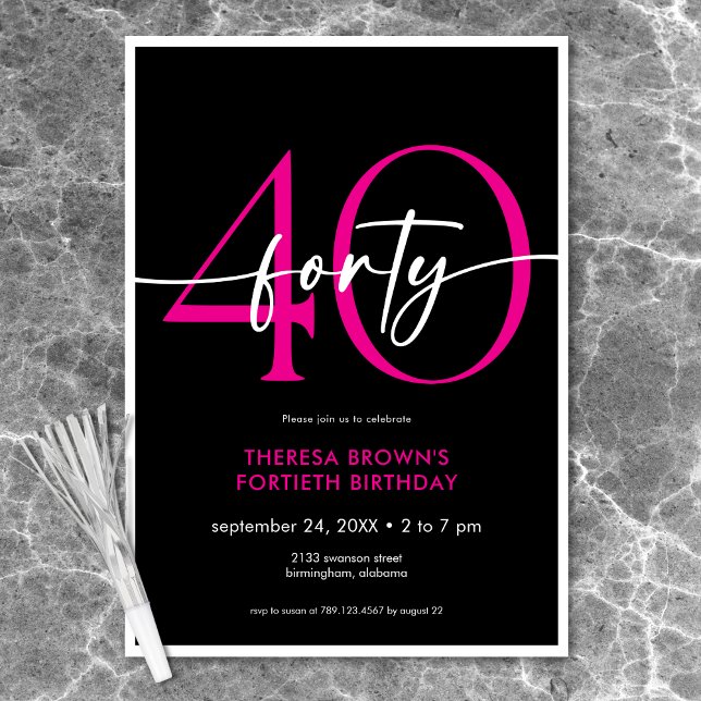 Modern Minimal Rosa 40-skriptfödelsedag Inbjudningar (Modern Minimal Pink Forty Script Birthday Invitation)