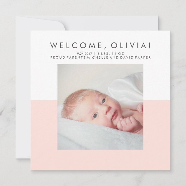 Modern minimal  Rosa Birth Anouncement Photo Meddelande (Framsida)