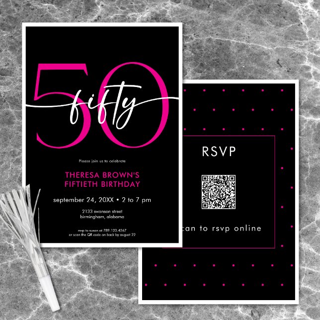 Modern Minimal Rosa femtio skript, födelsedag QR Inbjudningar (Modern Minimal Pink Fifty Script Birthday QR Invitation)