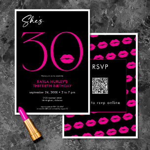 Modern Minimal Rosa Läppar Hon är 30-dagars QR Inbjudningar