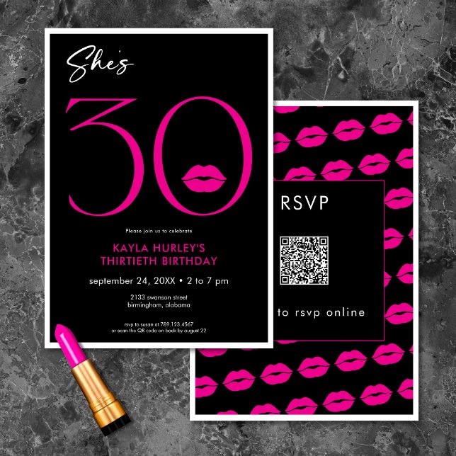 Modern Minimal Rosa Läppar Hon är 30-dagars QR Inbjudningar (Modern Minimal Pink Lips She's Thirty Birthday QR Invitation)