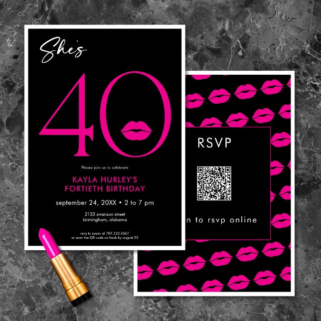 Modern Minimal Rosa Läppar Hon är 40-dagars QR Inbjudningar (Modern Minimal Pink Lips She's Forty Birthday QR Invitation)