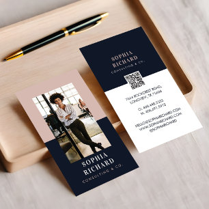 Modern minimal Rosa och marin företagsfotokod QR Visitkort