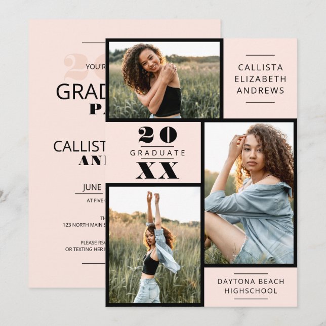 Modern minimal Rosa, svart fotorutnät Studenten i Inbjudningar (Fram/baksida)