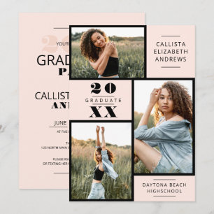 Modern minimal Rosa, svart fotorutnät Studenten i Inbjudningar