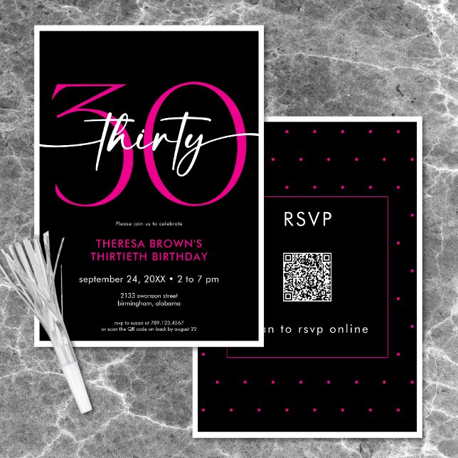 Modern Minimal Rosa, trettio skript, födelsedag QR Inbjudningar (Modern Minimal Pink Thirty Script Birthday QR Invitation)