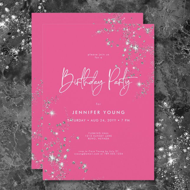 Modern Minimal Rosa White Glam Diamonds Birthday Inbjudningar (Modern Minimal Pink White Glam Diamonds Birthday Invitation)