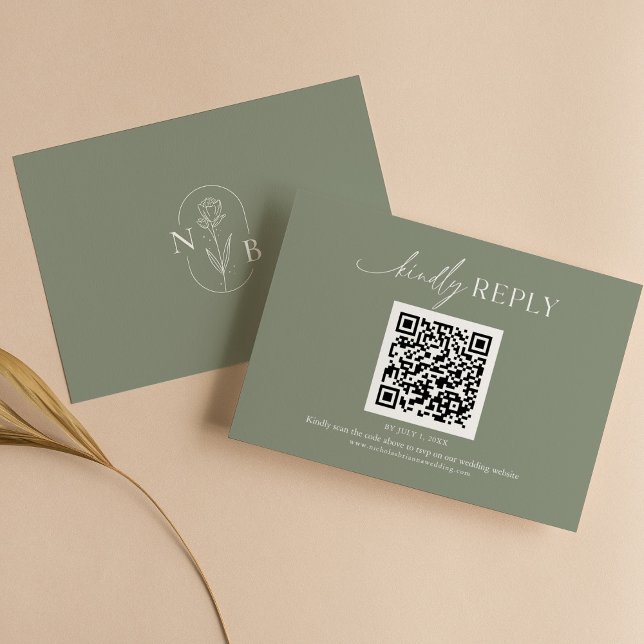 Modern Minimal Sage Grönt Boho Bröllop QR-kod OSA Kort (Skapare uppladdad)