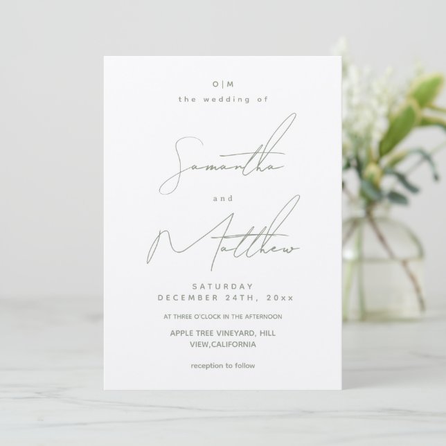 Modern Minimal Salvia Grön Script Bröllop Inbjudningar (Stående Fram)