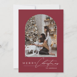 Modern Minimal Script Arch Photo Red Christmas Julkort