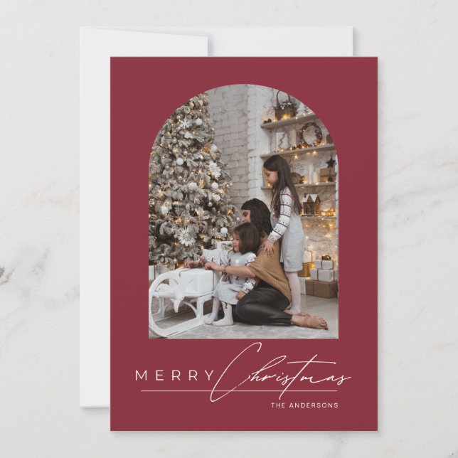 Modern Minimal Script Arch Photo Red Christmas Julkort (Framsida)