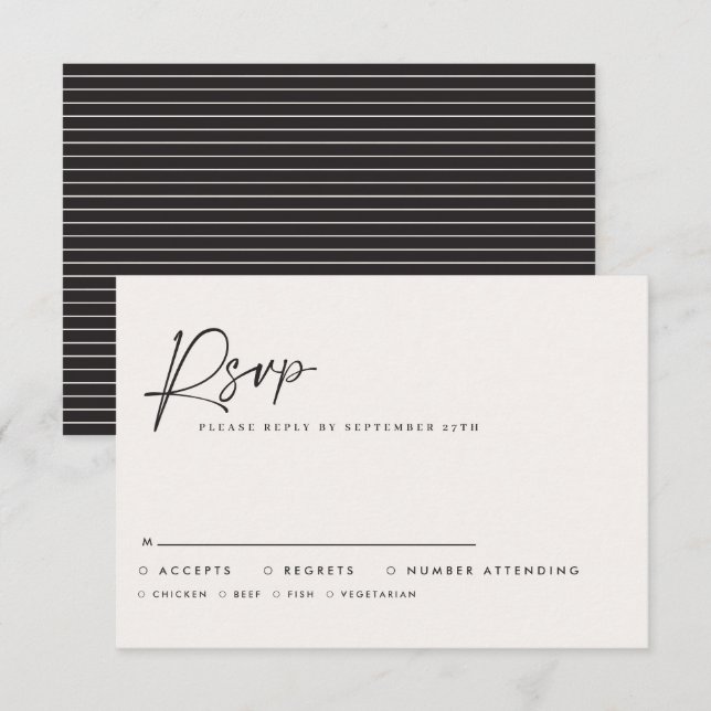 Modern Minimal Script Wedding RSVP with Stripe abc Anteckningskort (Fram/baksida)